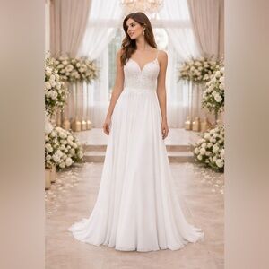 Designer Sample Wedding Dress Lace Chiffon Bridal Size 0 Ivory A-line Princess
